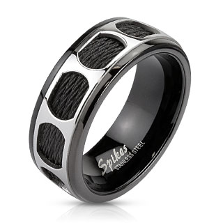 Bague homme en acier noir avec bandeau argent ajour