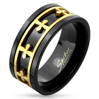 Bague homme en acier noir avec bandeau doré ajouré à croix