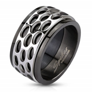 Bague homme en acier noir avec bandeau gris style nid d'abeilles