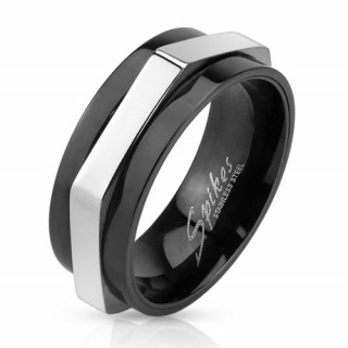 Bague homme en acier noir avec héxagone argenté tournant