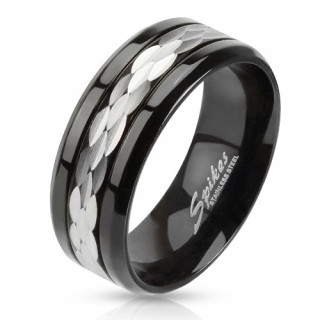 Bague homme en acier noir avec lignes d'cailles