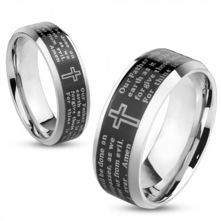 Bague homme en acier noir avec prire et croix