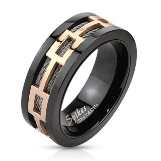 Bague homme en acier noir avec rectangles ajours sur filins