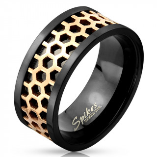 Bague homme en acier noir avec structure en nid d'abeilles cuivre