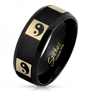 Bague homme en acier noir avec Yin et Yang dors