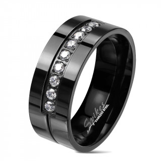 Bague homme en acier noir  bande de strass et rainure