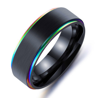 Bague homme en acier noir bross  bords arc en ciel