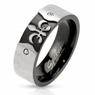 Bague homme en acier noir et bross avec fleur de Lys