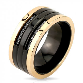 Bague homme en acier noir et cuivr  encoches avec filins