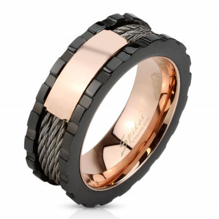 Bague homme en acier noir et cuivr  filins et bords crants