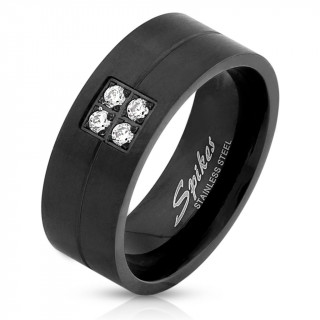 Bague homme en acier noir mat  rainure et carr de pierres