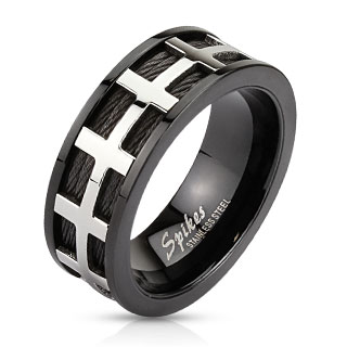 Bague homme en acier noirci avec croisements argentés sur filins