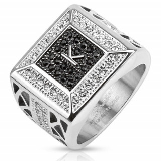 Bague homme en acier pavée de pierres avec lettre "K"