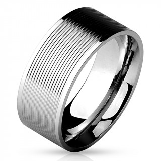 Bague homme en acier poli  multiples lignes rainures