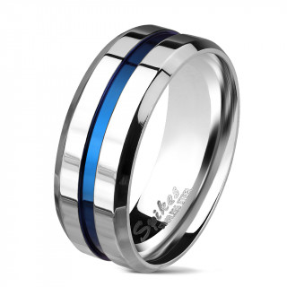 Bague homme en acier poli  rainure centrale bleue