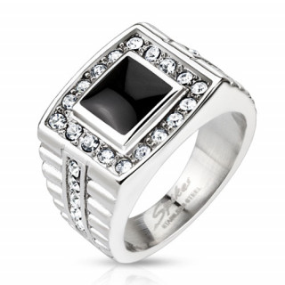 Bague homme en acier style montre avec onyx carrée et zircons