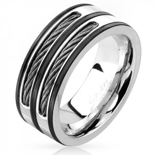 Bague homme en acier style "reflet" avec filins