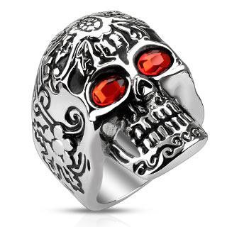 Bague homme en acier tête de mort gravée aux yeux rouges