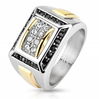 Bague homme en acier 2 tons pave de pierres noires et claires