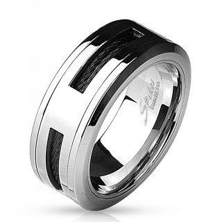 Bague homme en acier traverse de filins noirs