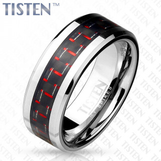 Bague homme en Tisten et fibre de carbone noire  inclusions rouges