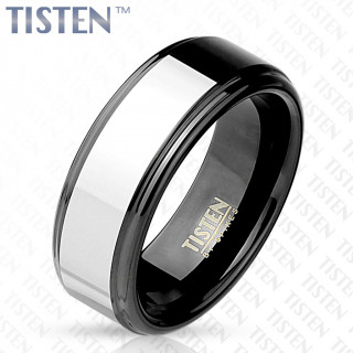 Bague homme en Tisten noir cercle d'une bandeau argent