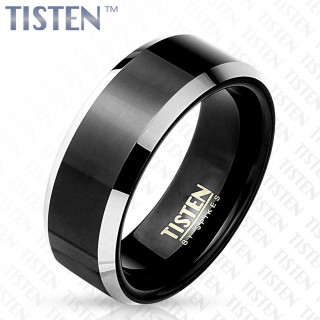 Bague homme en Tisten noir mat  bords biseauts