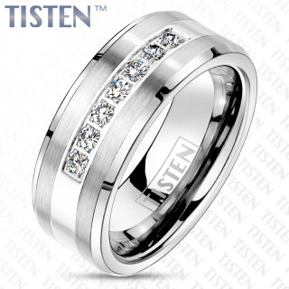 Bague homme en tisten poli et bross sertie de 7 zirconiums