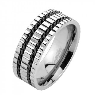 Bague homme en titane  design crant et traverse de filins tresss