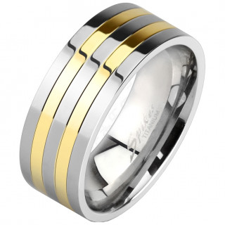 Bague homme en titane  lignes polies argentes et dores