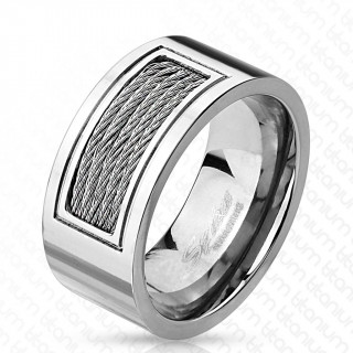 Bague homme en titane argent avec rectangle de cables mtalliques