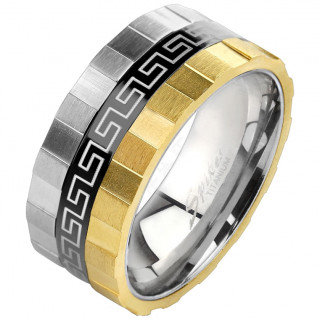 Bague homme en titane avec bandeaux crants et motif labyrinthe