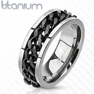 Bague homme en titane avec bordures et chaine noire