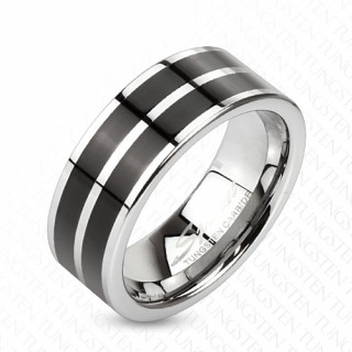 Bague homme en tungstene avec bandes noires mattes