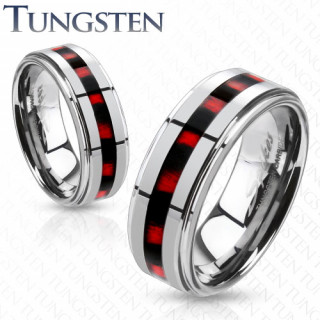 Bague homme en tungstene avec fibre de carbonne noire et rouge