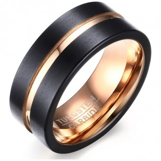 Bague homme en tungstne cuivre  rainure et bandes noires brosses