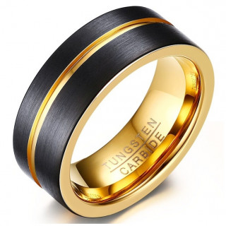 Bague homme en tungstne dore  rainure et bandes noires brosses