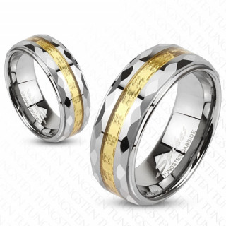 Bague homme en tungstne facette avec ligne dore