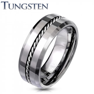 Bague homme en tungstne gris avec cable central