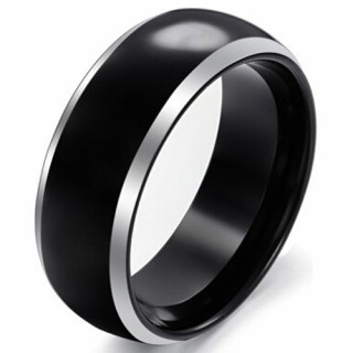 Bague homme en tungstene noir  fines bordures silver