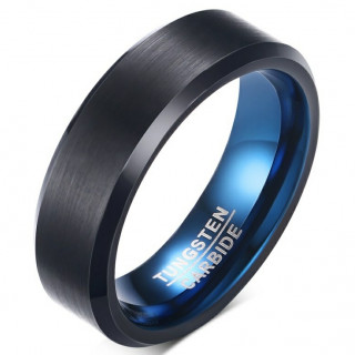 Bague homme en tungstne noir bross et bleu poli