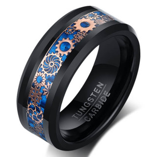 Bague homme en tungstene noir à reliefs cuivrées roue crantées