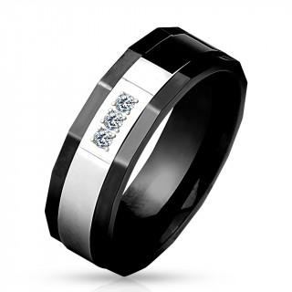 Bague homme exagonale en acier noir  bande argente sertie