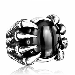 Bague homme gothique en acier  pierre ovale noire et griffes de dragon