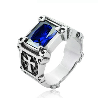 Bague homme templier en acier avec crucifix et pierre carre bleue