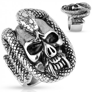 Bague homme gohique  serpent enlac autours d'un crane