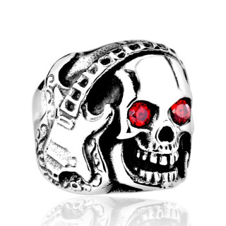 Bague homme goth-rock en acier avec guitare enroule autour d'un crane