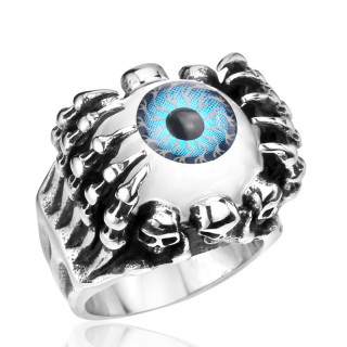 Bague homme gothique à griffes, cranes et oeil bleu