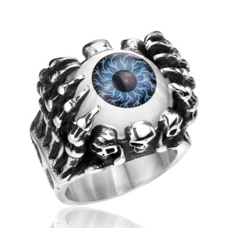 Bague homme gothique  griffes, cranes et oeil bleu fonc