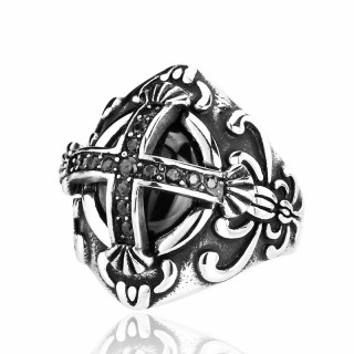 Bague homme gothique  reliefs moyengeux, croix et pierres noires